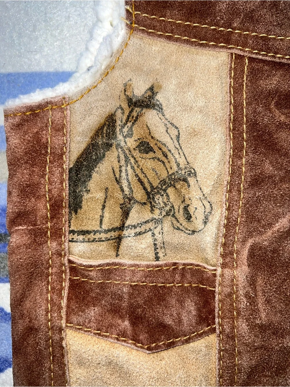 Vintage Handmade Kids Western Leather/Sherpa Vest Size 4 Horse & Rooster Design